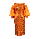 Women hollow lantern sleeves Formal Party sequin dress