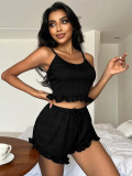 Women Sexy Ribbed Tank Cross Lace-Up Suspender Top and Shorts Pajama Two Piece Set