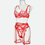 Women flower embroidered hollow sexy lingerie four-piece set