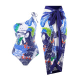 digital printing One-piece swimsuit long skirt two piece swimwear for women
