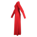 Elegant Women's Spring Autumn Fashion Red Round Neck Long Dress
