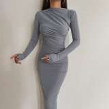 Women's Winter Fashion Sexy Slim Pleated Slit Solid Color Long Sleeve Dress for Women