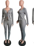 Women Solid Casual Zippered Ribbed Top and Pants Two-piece Set