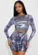 Women's Autumn and Winter Metallic Abstract Print Long Sleeve Top Sexy Tight Fitting Bodycon skirt set