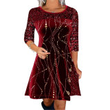Autumn and winter solid color Round Neck long-sleeved sequined Patchwork A-line dress for women