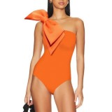 solid color one-shoulder bow one-piece swimsuit Skirt two-piece swimwear for women