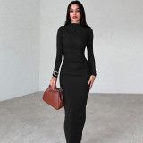 Women's Winter Fashion Sexy Slim Pleated Slit Solid Color Long Sleeve Dress for Women