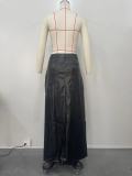 Women's high slit PU leather long skirt