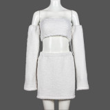 Autumn And Winter Plush Wrap Top And Mini Skirt Two Piece Set
