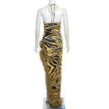Women Autumn Fashion Sexy Lace Up Leopard Print Slit Dress
