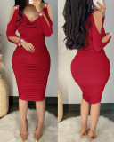 Autumn And Winter Women's Beaded Solid Color Long-Sleeved Dress