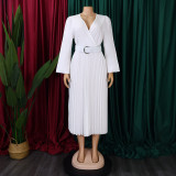 Plus Size Women Long Sleeve V-Neck Pleated Maxi Dress