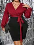 Plus Size Women's Autumn And Winter Patchwork Contrast Color Sexy V-Neck Slim Long Sleeve Bodycon Dress