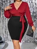 Plus Size Women's Autumn And Winter Patchwork Contrast Color Sexy V-Neck Slim Long Sleeve Bodycon Dress