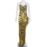 Women Autumn Fashion Sexy Lace Up Leopard Print Slit Dress