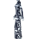 Women Print Half Turtle Neck Long Sleeve Slit Maxi Dress