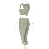 Hollow Crop Short Vest Bodycon Half-Length Skirt Suit Holidays Style Hand-Knitted Women's Tight Fitting Solid Color Two-Piece Set