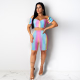 Women's Short-Sleeved Sexy Off-The-Shoulder Gradient Rainbow Two Piece Shorts Set