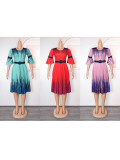 Plus Size African Dress Women High Waist Fashion Round Neck Printed Pleated Dress