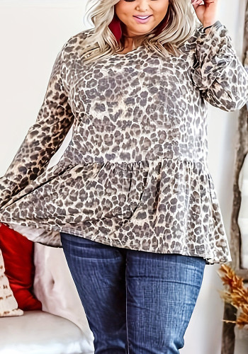 Women's Leopard Print Bell Bottom Sleeve Plus Size Top