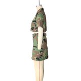 Women's Spring Summer Style Casual Camouflage Print Turndown Collar Short Sleeve Slit Two Piece Skirt Set