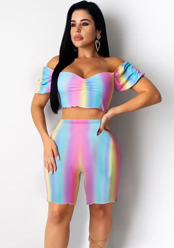 Women's Short-Sleeved Sexy Off-The-Shoulder Gradient Rainbow Two Piece Shorts Set