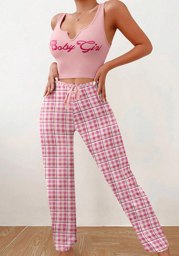 Girl Home Wear Letter Printed Vest Top Color Block Plaid Trousers Women's Pajamas