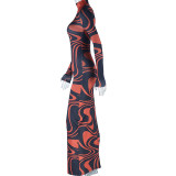 Women Print Half Turtle Neck Long Sleeve Slit Maxi Dress