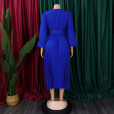 Plus Size Women Long Sleeve V-Neck Pleated Maxi Dress