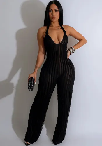 Fashion Women's Solid Color Low Back Deep V Halter Neck Jumpsuit