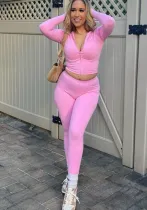 Women Solid Sexy Zipper Long Sleeve Top and Pant Two-piece Set