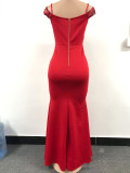 Women Off Shoulder Embroidered Contrast Color Patchwork Sexy Backless Slit Maxi Dress