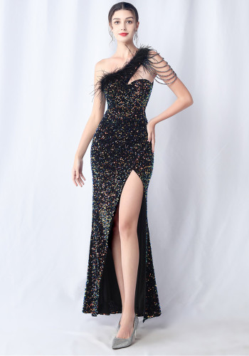 Women velvet beaded high-end evening dress