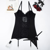 Women Lace Eyelashes Patchwork Backless Sexy Women Skirt Thong Sexy Lingerie Two-piece Set