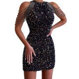 Women Sexy Halter Neck Off-Shoulder Tassel Bodycon Crystal Patchwork Sequin Dress