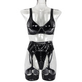 Women PU-Leather black pu Leather sexy hollow sexy lingerie four-piece set