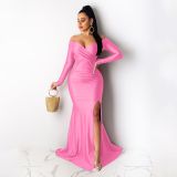 Women Sexy V-Neck Dress Solid Slit Long Sleeve Maxi Dress