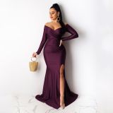 Women Sexy V-Neck Dress Solid Slit Long Sleeve Maxi Dress