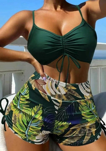 Women Two Pieces Bikini Sexy Solid High Waist Leaf Print Swimwear