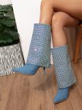 Women Denim rhinestone high heels stiletto long pointed toe boots