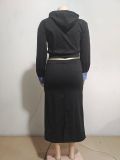 Women Winter Casual Long Sleeve Hoodies and Denim Patchwork Slit Skirt Two-piece Set
