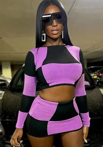 Women Round Neck Long Sleeve Printed Contrast Crop Top and Skirt Two-piece Set