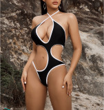 Women Bikini Black and White Contrast Hollow Lace-Up One-piece Swimwear