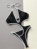 Women Bikini Black and White Contrast Hollow Lace-Up One-piece Swimwear