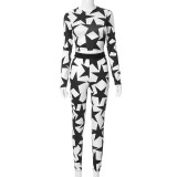Women Fall Five-Pointed Star Print Long Sleeve Round Neck Top and Trousers Casual Two-piece Set