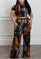 Plus Size Women Print Style Casual Top and Pant Sports Two-piece Set