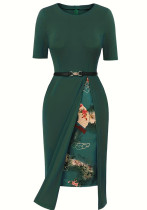 Women Green Short Sleeve Round Neck Slit Elegant Dress with Belt
