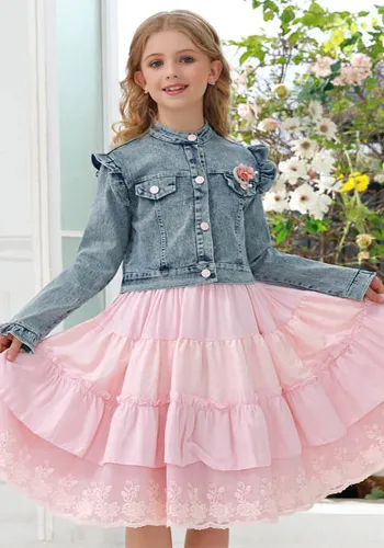 Girls' long-sleeved Denim jacket and princess skirt two-piece set