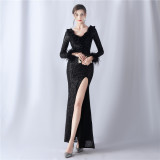 Feathers Sequins Long Sleeve Evening Dress