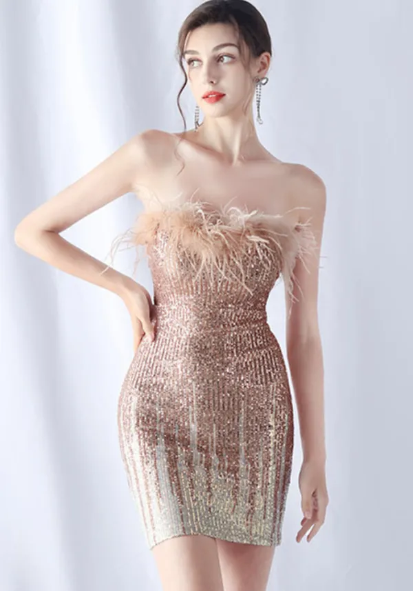 Feather Gradient Sequin Short Evening Dress